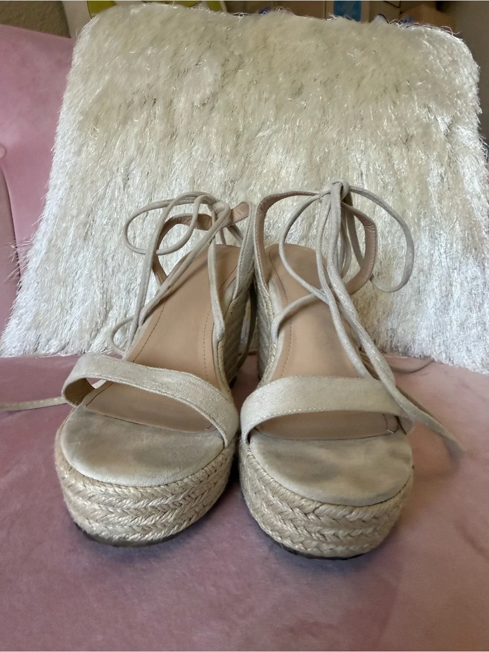 Lace-Up Espadrille Wedge Sandals - Neutral Beige Size 7.5